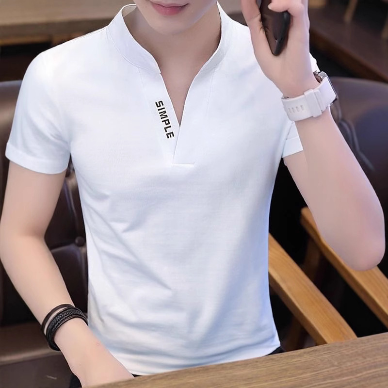 Summer Men's V-Neck Short-Sleeved T-Shirt Ice-Feel Elastic Bottoming Shirt Pure Color European and American Simple Slim Fit Small Stand-Up Collar Versatile T-Shirt