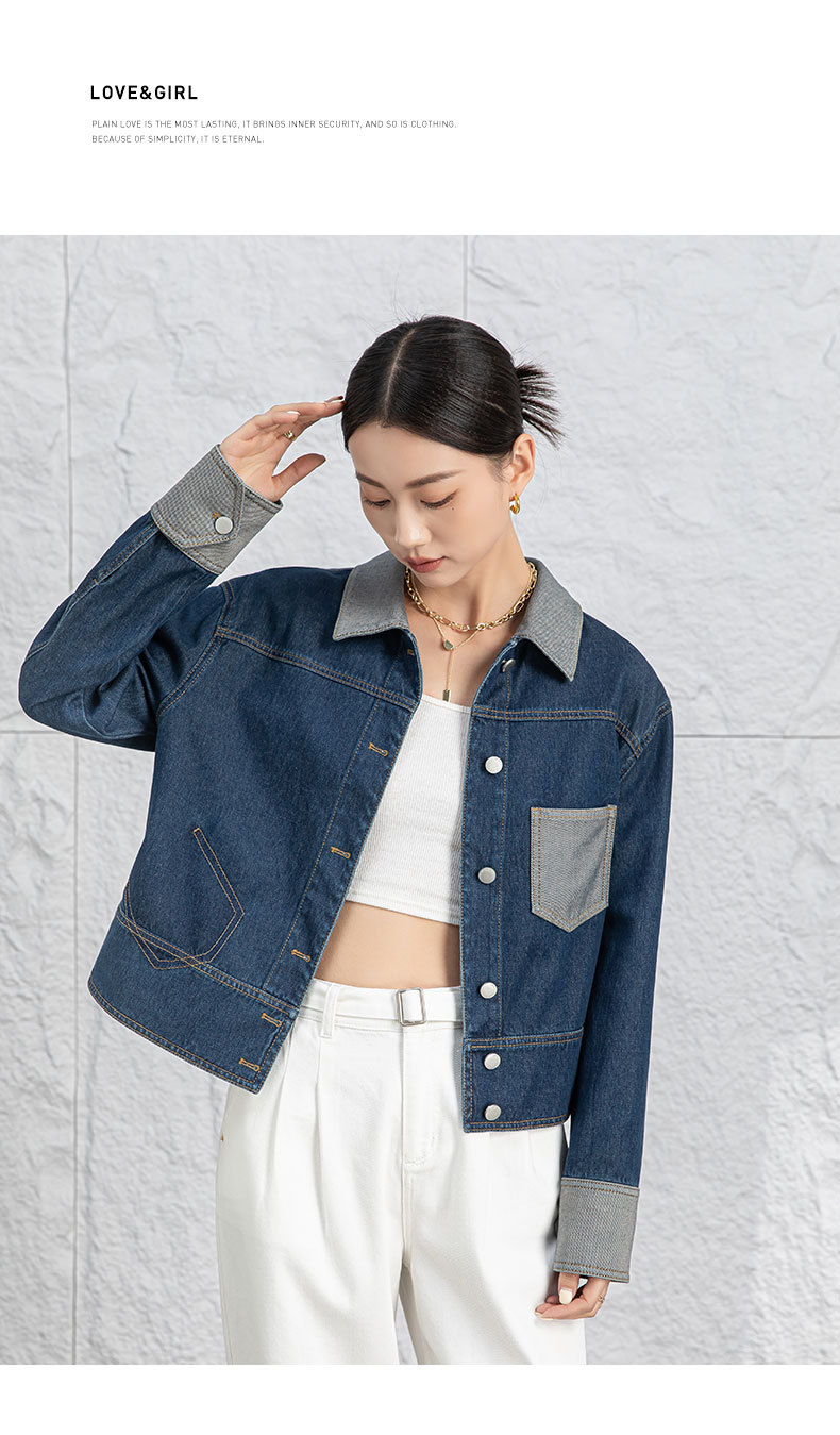 Áo khoác denim nữ dáng ngắn cổ bẻ, phong cách Hàn Quốc — Xanh lam hoài cổ chi tiết 21