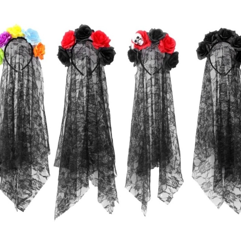 メキシコダークスタイル女性の花ベールヘアアクセサリーハロウィン模擬菊ヘッドバンド黒ガーゼショールヘッドバンド|undefined