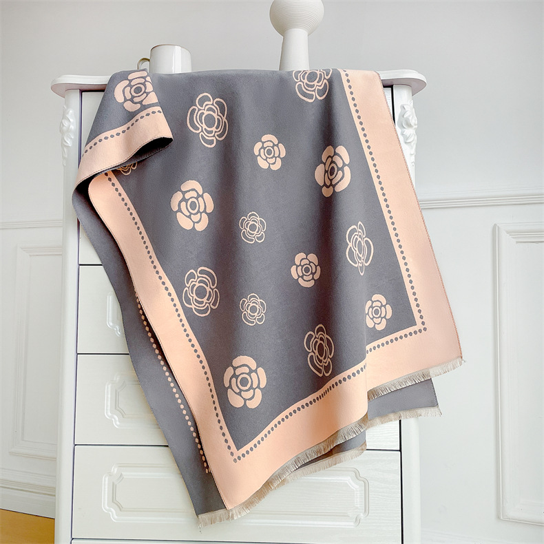 Temperament small fragrant scarf women's versatile coat decorative warm camellia scarf dual-purpose cashmere shawl thick_voghion.com