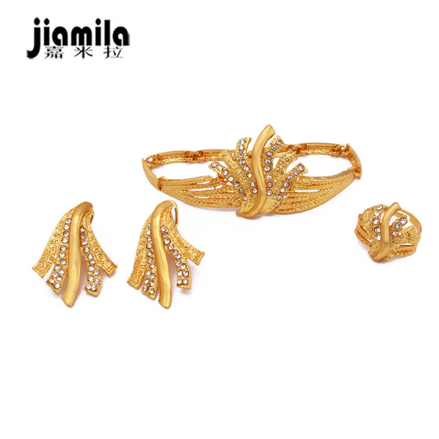 Jamila Dubai 24K Gold Plated Jewelry Set Arabian Bridal Necklace Earrings Ring Bracelet Four-piece Set