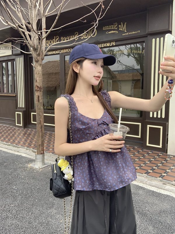 甜美减龄蝴蝶结碎花娃娃衫吊带上衣女夏季高腰系带工装休闲裤套装|undefined