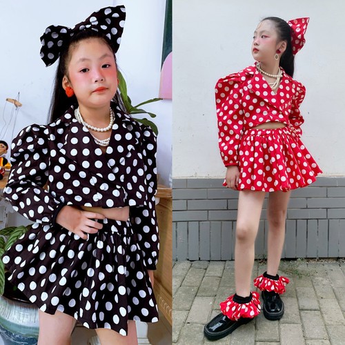 Polka-dot  jazz dance catwalk model show suit for kids children girls puffy pleated skirt bow headdress photo shooting cosplay outfits four-piece parent-child set