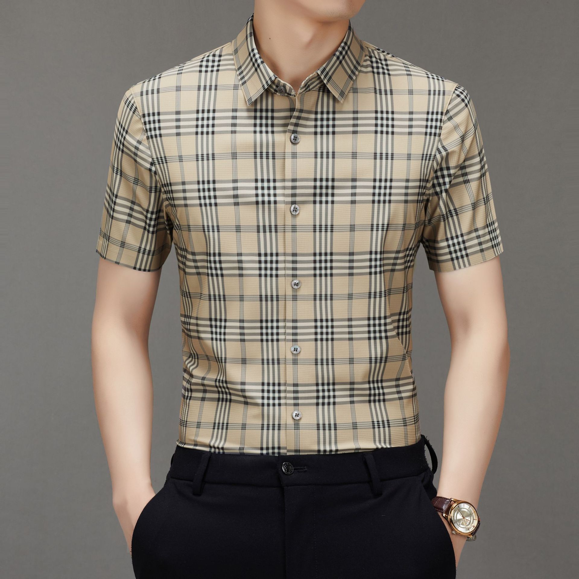 Men's Short-sleeved Shirt Summer Non-marking Non-ironing Youth Short-sleeved Shirt Men's Fashion Plaid Casual Shirt Men's Short-sleeved Shirt