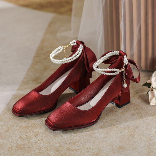 C501-31 Thick Heel Square Toe Bow Fairy High Heel  New Wedding Shoes Bridal Shoes Large Size 40-43