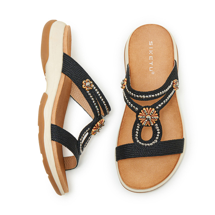 Dép sandal nữ quai chữ V đế xuồng thêu điện bohemian — Champagne màu, màu đen, màu hồng chi tiết 34