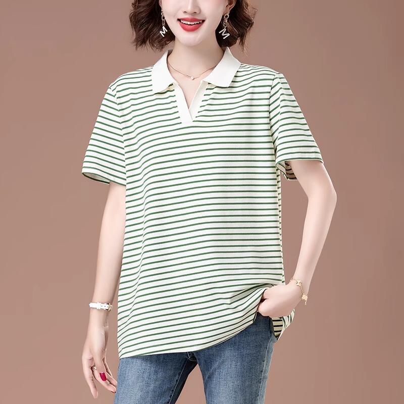 女性用純綿半袖Tシャツ、ゆったり大きいサイズ、ファットmm、ミドル丈ラペルトップ、おしゃれな年齢軽減中年ママ夏服|undefined