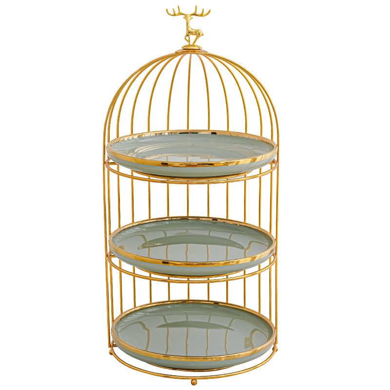 Plato de fruta de cerámica de lujo ligero mesa de café de la sala de estar cesta de frutas en casa plato de pastel de caramelo creativo adornos de almacenamiento de postre de doble capa