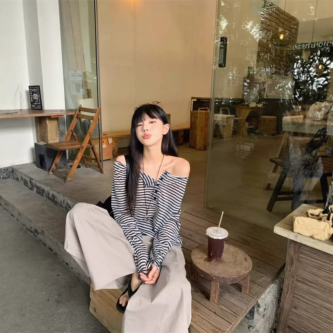 撞色条纹斜肩长袖T恤女夏季慵懒宽松防晒罩衫设计感薄款百搭上衣