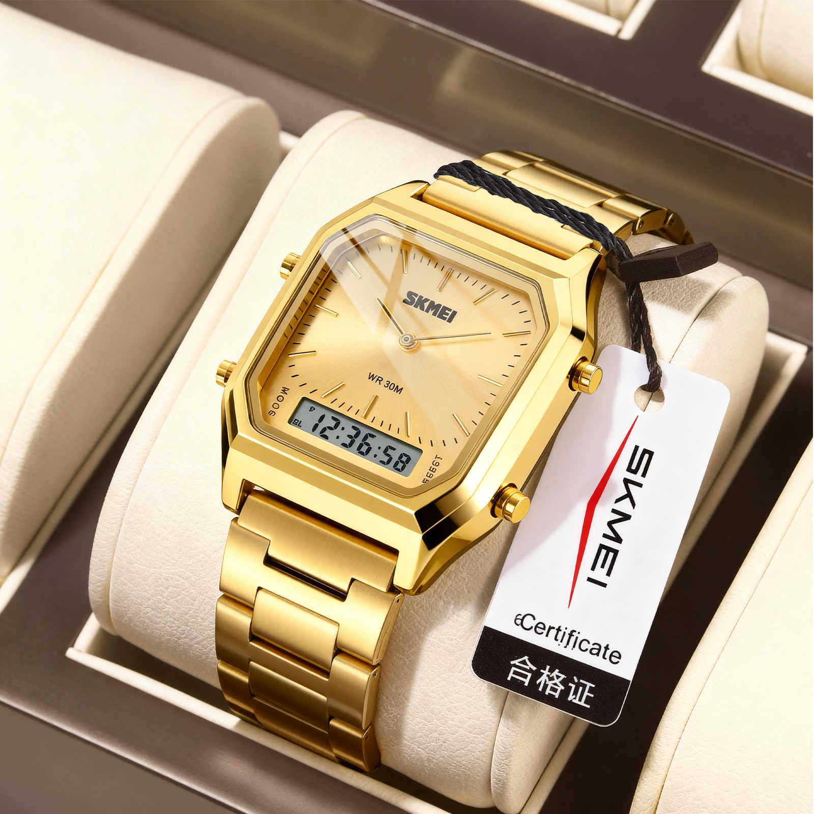 Timeless Beauty Gold Square Women's Watch Niche Light Luxury Steel Band Waterproof Cross-Border Hot-Selling Alarm Clock Men's Wristwatch