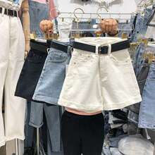 2021年夏季复古港风高腰宽松字黑色休闲工装牛仔短裤女