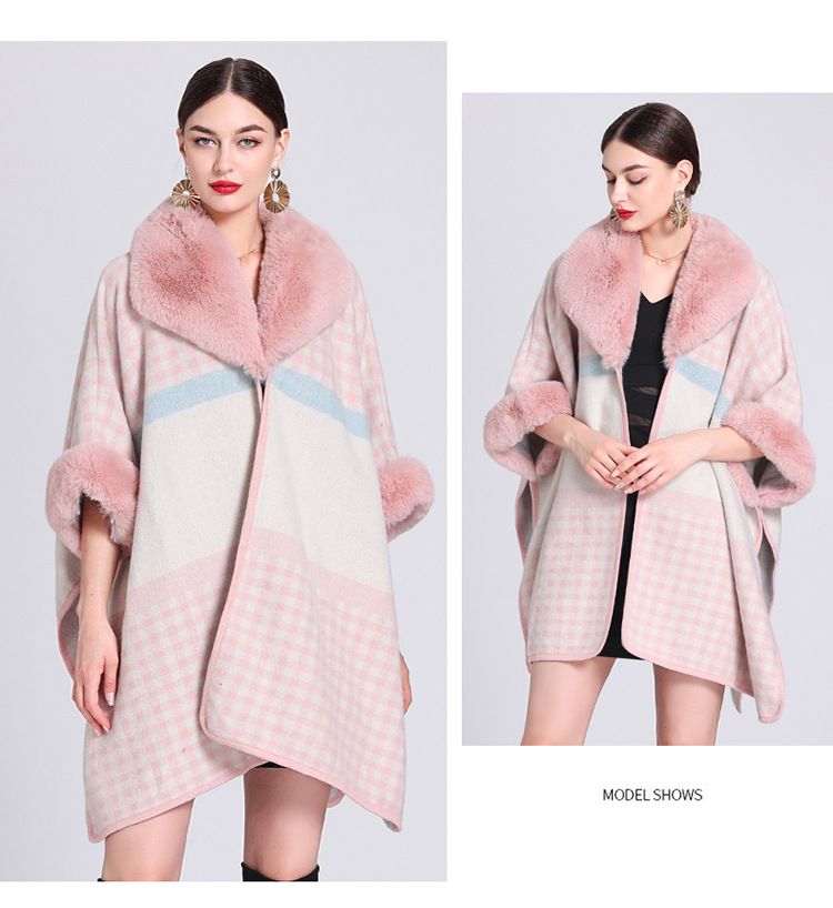 Mantella a quadri con colletto in lana, cardigan lavorato a maglia jacquard largo, cappotto di lana di grandi dimensioni per donna_voghion.com
