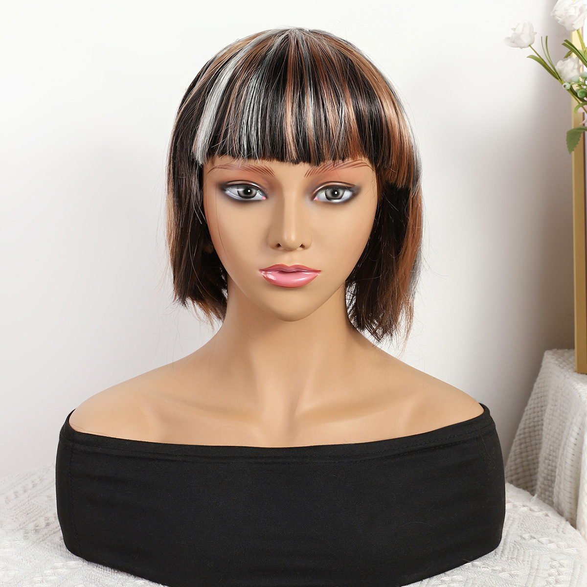 Nuevo estilo transfronterizo marrón degradado largo recto 12inch sin encaje cabello lacio europeo y americano peluca brasileña