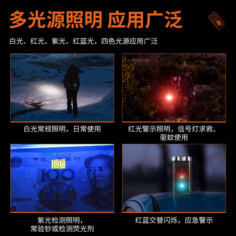 Boruit nuevo mini llavero linterna recargable USB-C multifuncional rojo y azul advertencia linterna magnética