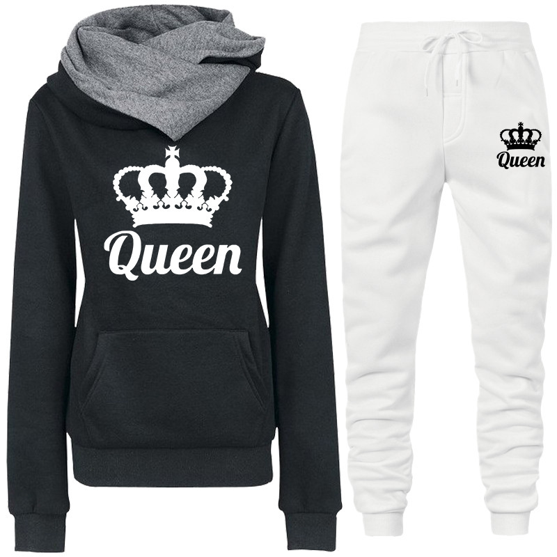 Spring And Autumn Women's Sweatshirt Two-Piece QUEEN Print Tracksuit Hoodie Jogging Set Sports Pants_voghion.com