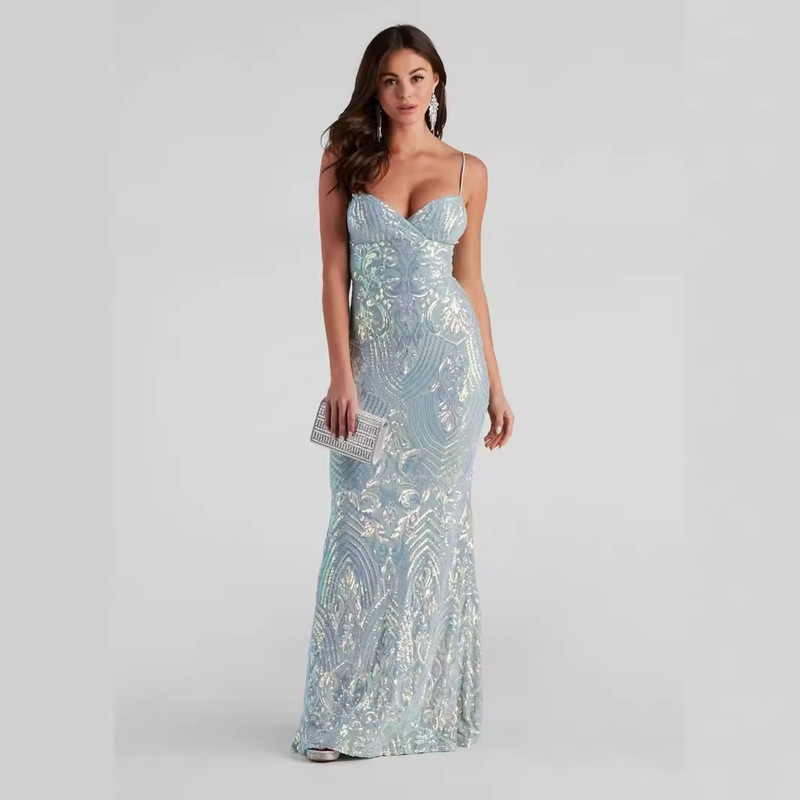 Cross-Border European and American Sexy V Neck Sequined Floor-Standing Evening Dress Elegant Banquet Party Dress Women's Clothing