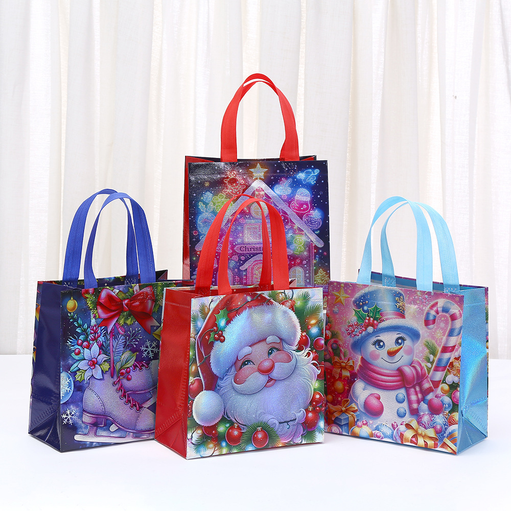圣诞节无纺布印花手提袋卡通炫彩圣诞老人礼品包装袋购物袋批发