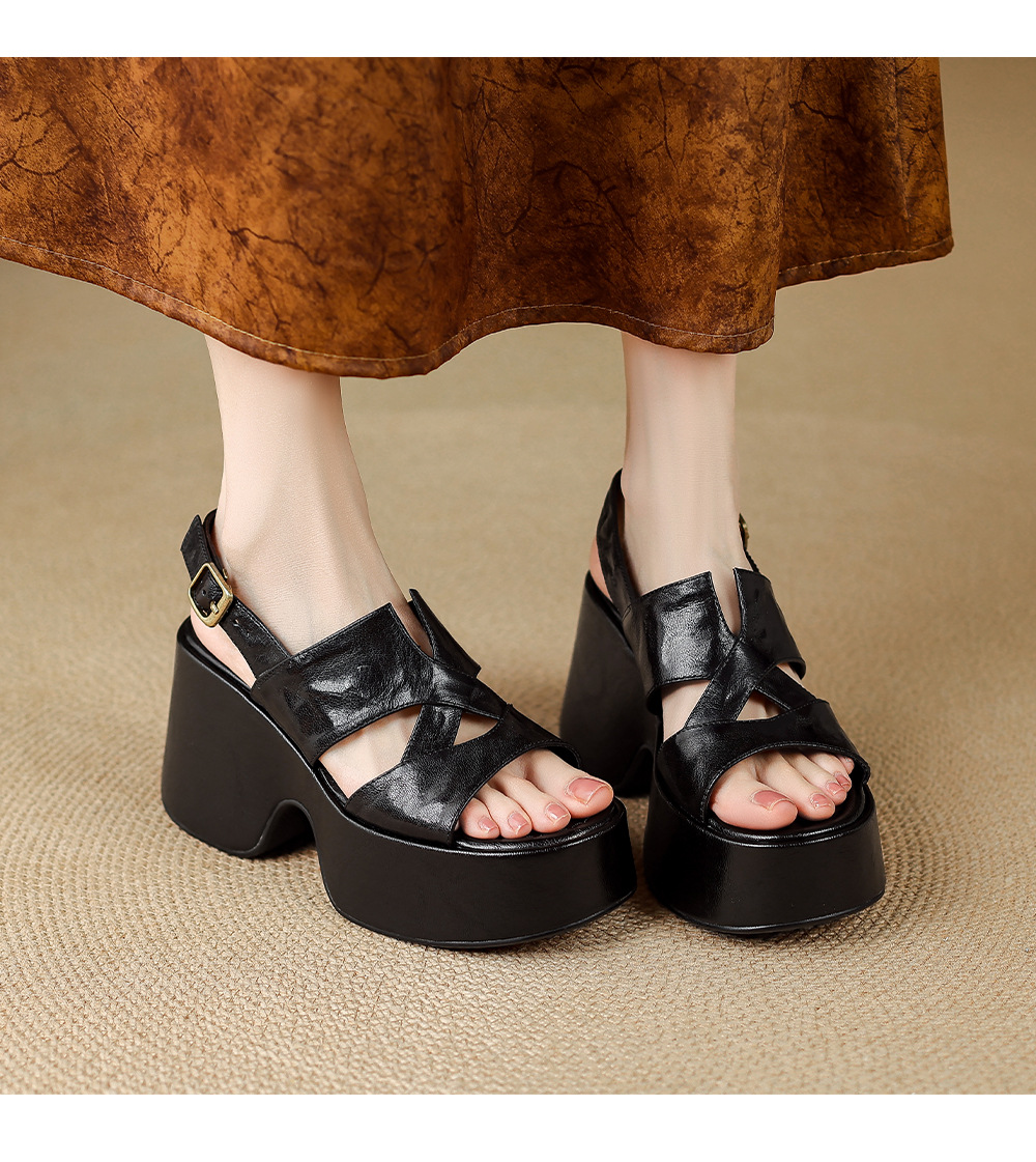 Sandal cao gót nữ đế platform da lộn quai ngang gót 9 cm — Da cừu đen lật, Da cừu đen chi tiết 10