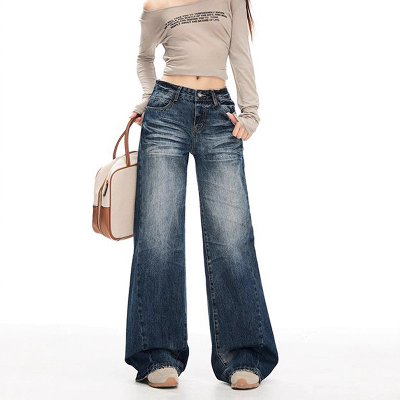 Retro American Mid-Low Waist Cotton Wrinkled Whiskers Autumn and Winter 2025 New Straight Wide-Leg Floor-Length Jeans for Women