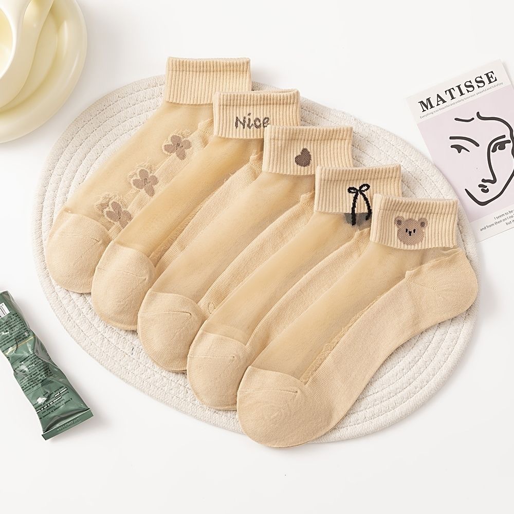Dropshipping Women's Socks, Short Socks, Bear Boat Socks, Shallow Breathable Glass Silk Bow Style, Coffee Color Women's Socks