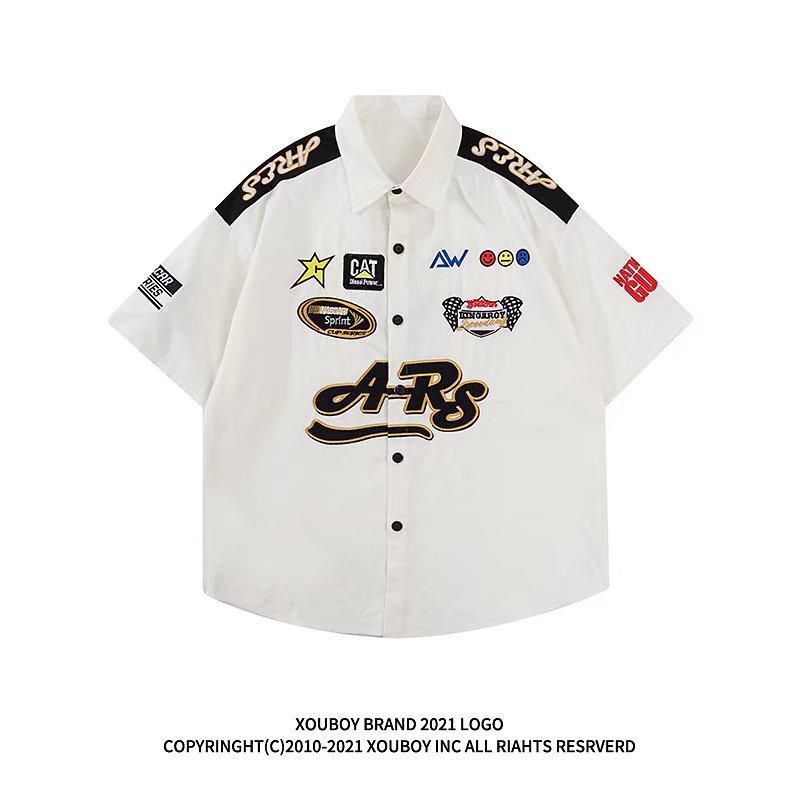 National Trendy American-style High Street Letter Printed Motorcycle Short-sleeved Shirt Ins Trendy Brand Workwear Loose Racing Shirt for Men and Women