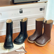 儿童高筒皮靴女童不过膝公主单靴秋冬复古女孩骑士靴加绒二棉靴子