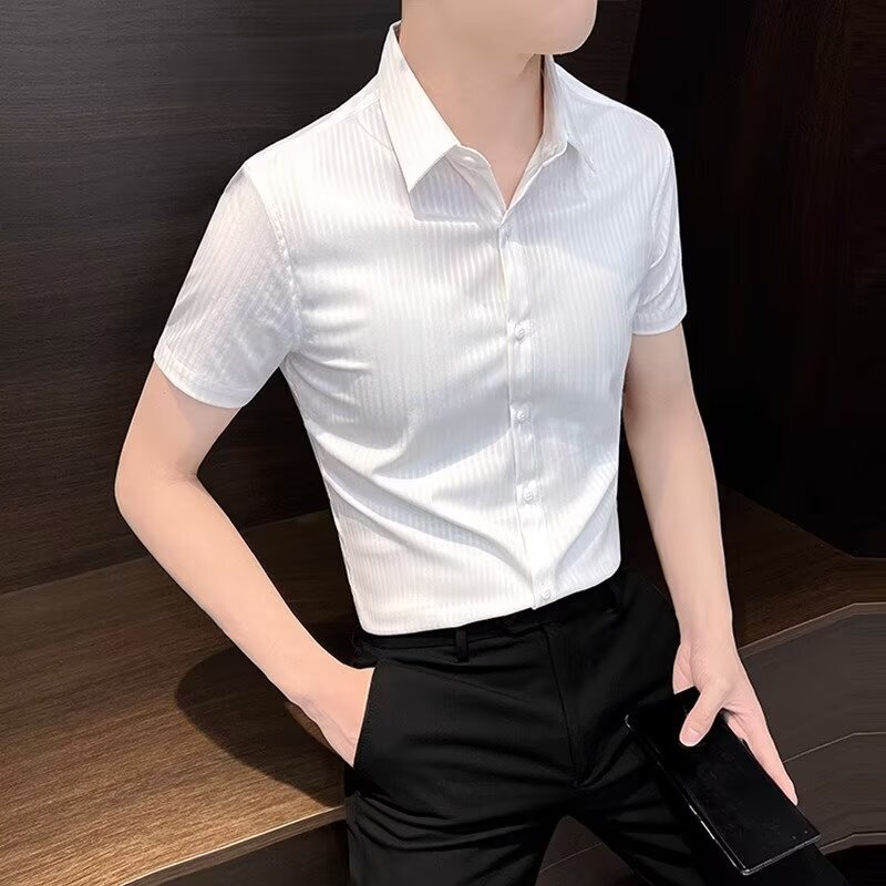 High-End White Pointed Collar Shirt Men's Short-Sleeved Trendy Slim Half-Sleeved Striped Shirt Fashionable Casual Business Top