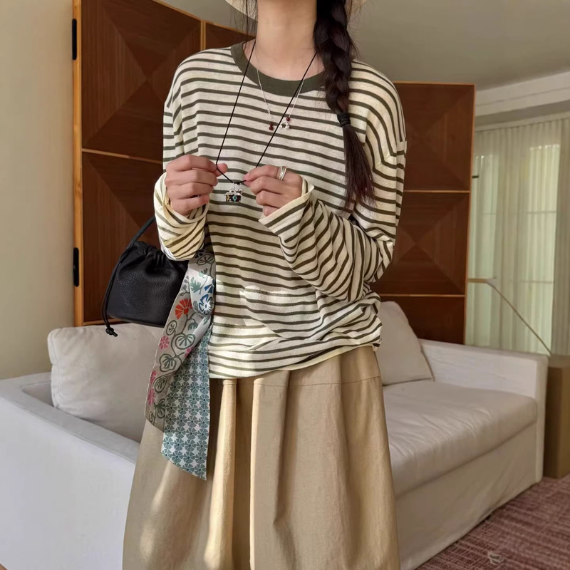 Hanko Celebrity-Inspired Loose and Relaxed Style Drop-Shoulder Sleeve Tencel Linen Striped Long-Sleeve T-Shirt Knitwear