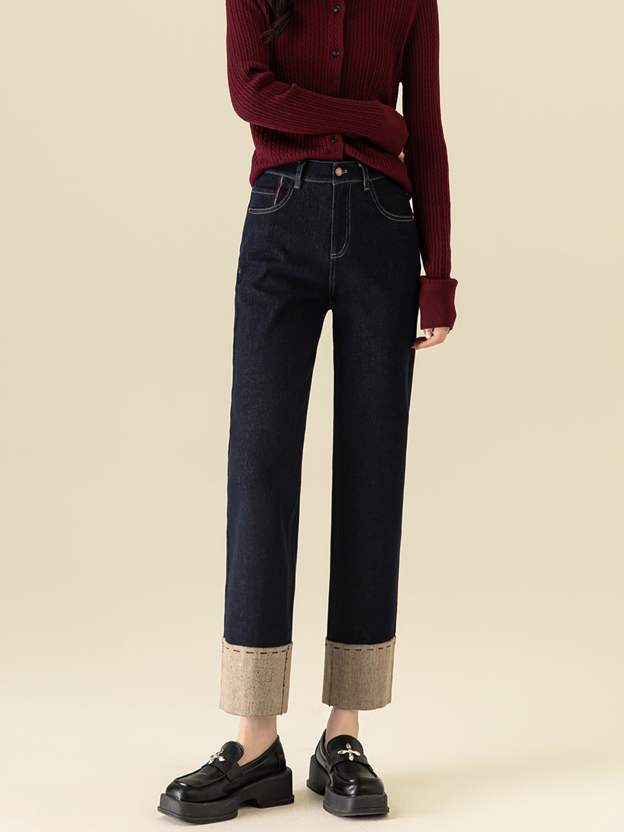 Quần jean nữ ống đứng dáng suông mùa đông Xinge – kiểu ống hút thon gọn — Xanh denim