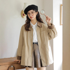 日系撞色领拼接工装风衣外套女2025秋冬新款女装文艺复古休闲上衣