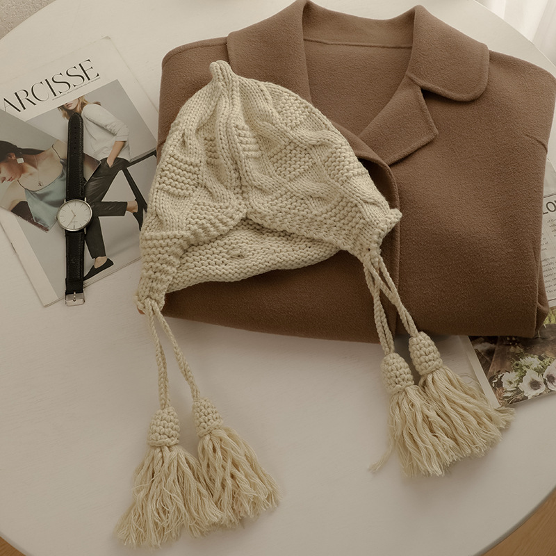 Pull à pompon en laine rouge pour enfants, chapeau de protection des oreilles tricoté à la main, rouge, pour le Nouvel An, Noël, hiver_voghion.com