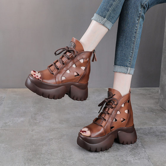 Inner Heightened Fishmouth Short Boots Women's Spring and Summer 2025 New Thick-soled Cool Boots Leather 9CM High Heel Women's Single Boots
