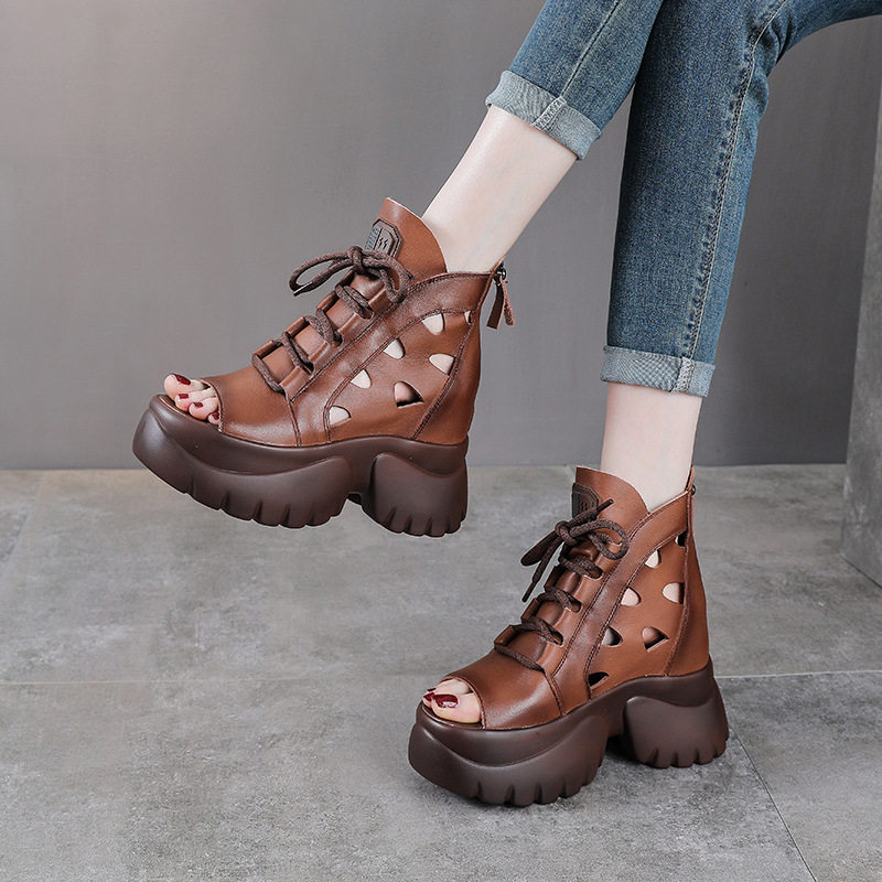Boot nữ cổ thấp miệng cá đế dày gót 9 cm da thật — Màu đen