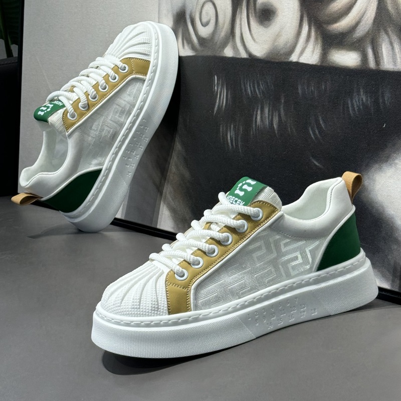 Pánske nové priedušné biele sieťované všestranné športové a voľnočasové topánky s hrubou podrážkou a piškótovou podrážkou na jar/leto 2024_voghion.com