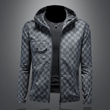 欧洲站2024新款连帽格子印花夹克衫薄款男大码钱塘6016