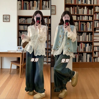 别致高级2026马甲复古套装新款蕾丝刺绣衬衫牛仔裤棉涤混纺有吊牌