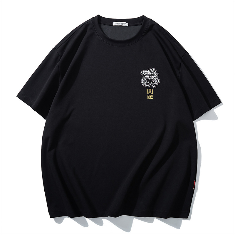 Men's Autumn Thick Short Sleeve T-Shirt with Zodiac Embroidery, Rhinestone and Gold Stamping, Plus Size Sports Drop Shoulder T176612