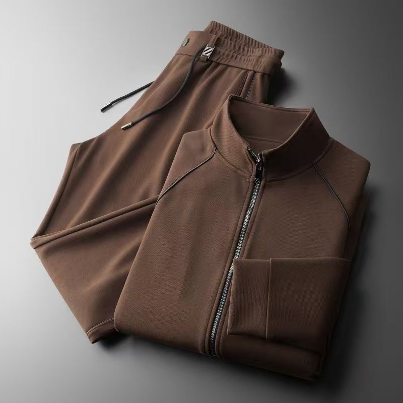 High-End Autumn and Winter Suit for Men, Thick Velvet Stand-Up Collar Long-Sleeved Jacket, Slim Trousers, Casual Sports Two-Piece Set