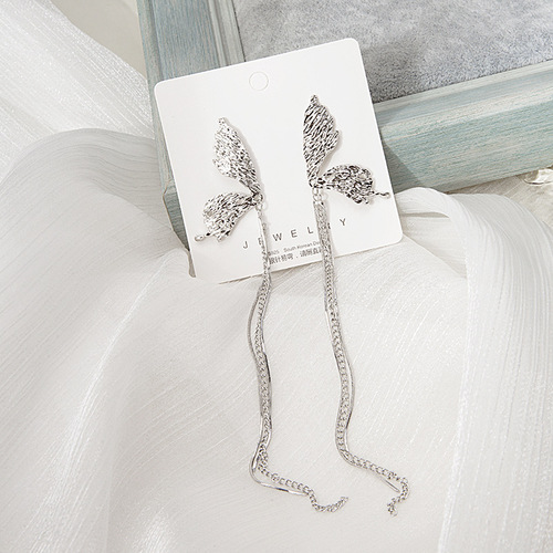 Silver needle personality cool style bumpy texture asymmetric butterfly tassel earrings Hong Kong style liquid butterfly long earrings