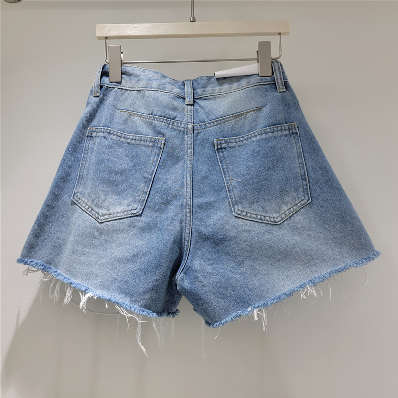 Pantalón Corto de Mezclilla para Mujer, Denim, Hebilla de Metal, Detalle Desgastado, Cintura Alta, para Uso Casual