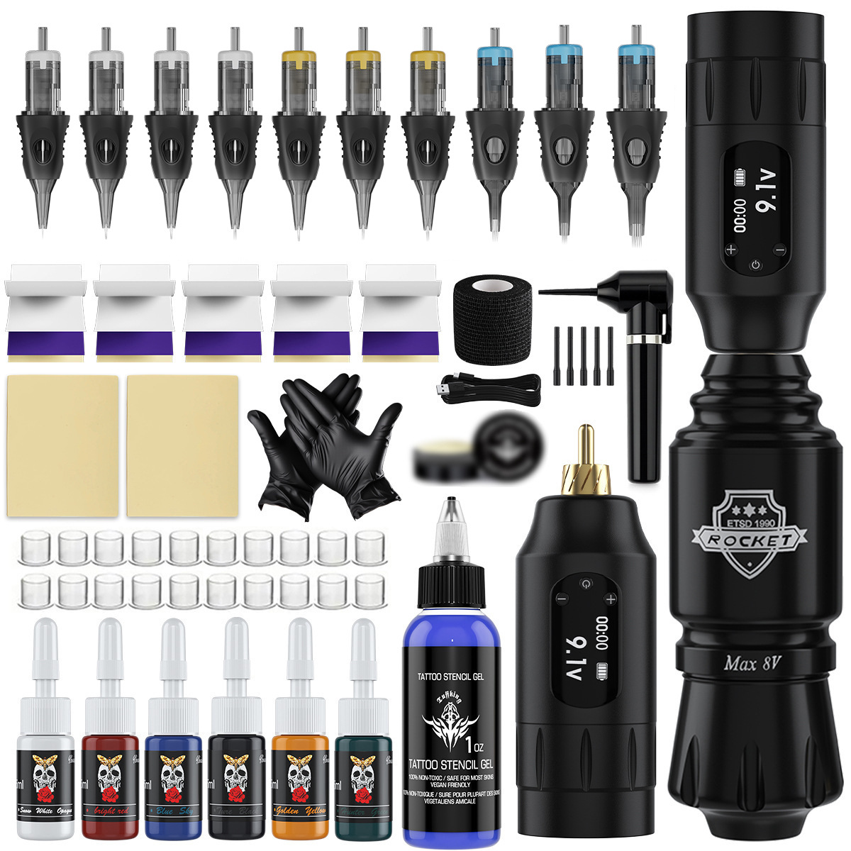Juego de máquina de tatuaje de lápiz de tatuaje inalámbrico de batería dual, máquina todo en uno, duración de la batería de larga duración, viaje ajustable, equipo de tatuaje transfronterizo