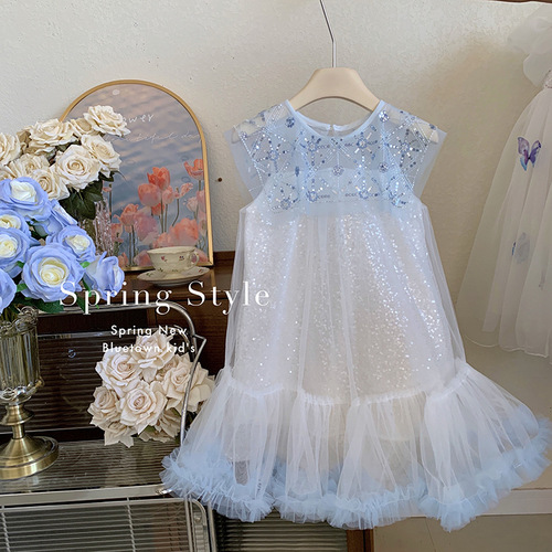 Girls Dress 24 Summer New Ice Blue French Large Lapel Sequined Mesh Skirt Birthday Dress Princess Dress