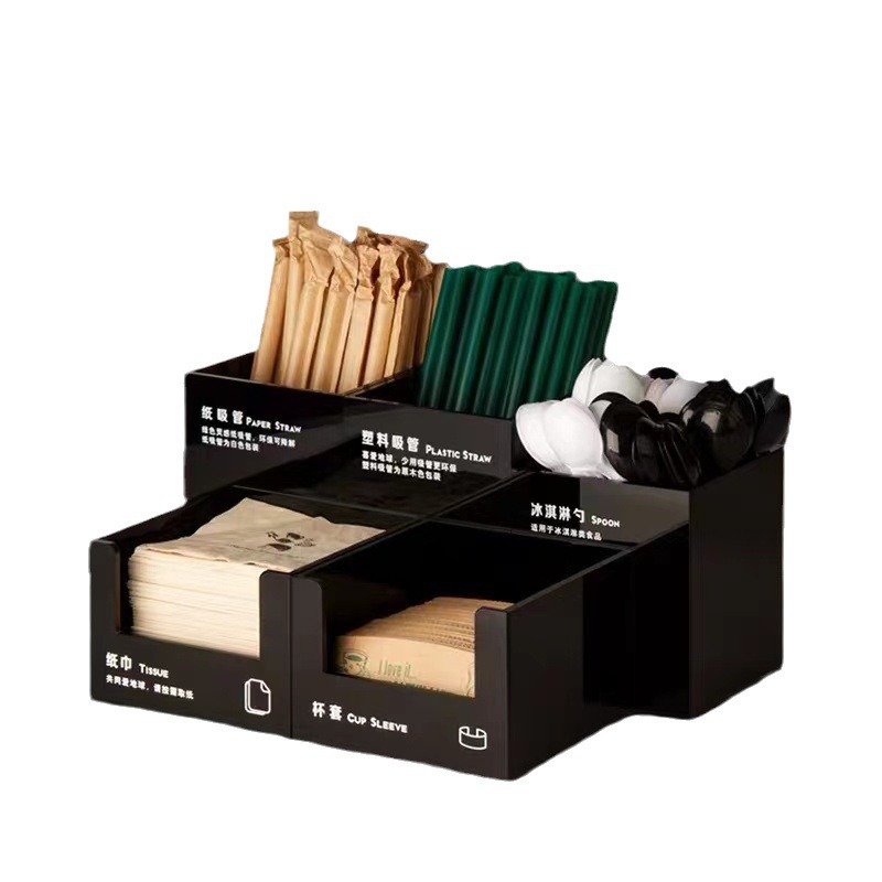 Caja de almacenamiento de toallas de papel de acero inoxidable caja de paja de madera con el mismo juego de tazas de cinco piezas caja de té de leche comercial