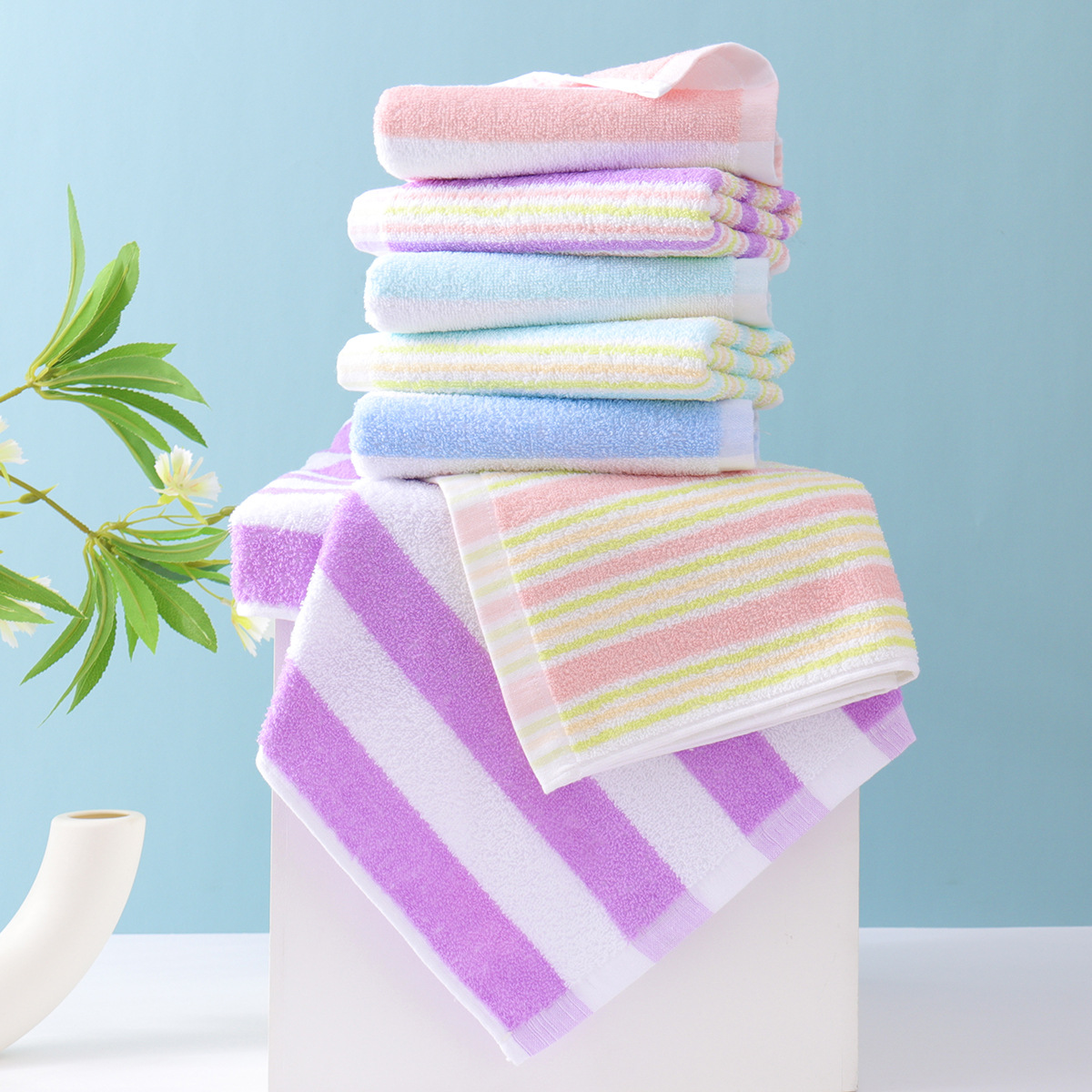 Serviettes de visage rayées en coton douces et absorbantes_voghion.com