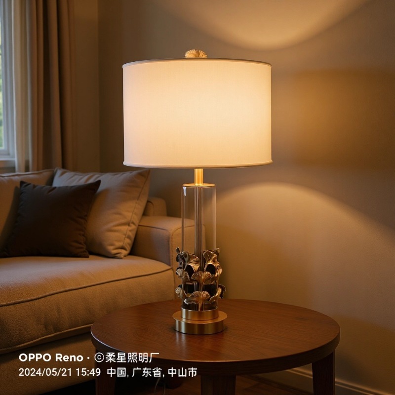 Nordic Style Ginkgo Solid Crystal All Copper Table Lamp Modern Light Luxury Bedroom Bedside Lamp Simple American Style Living Room Decorative Lamp