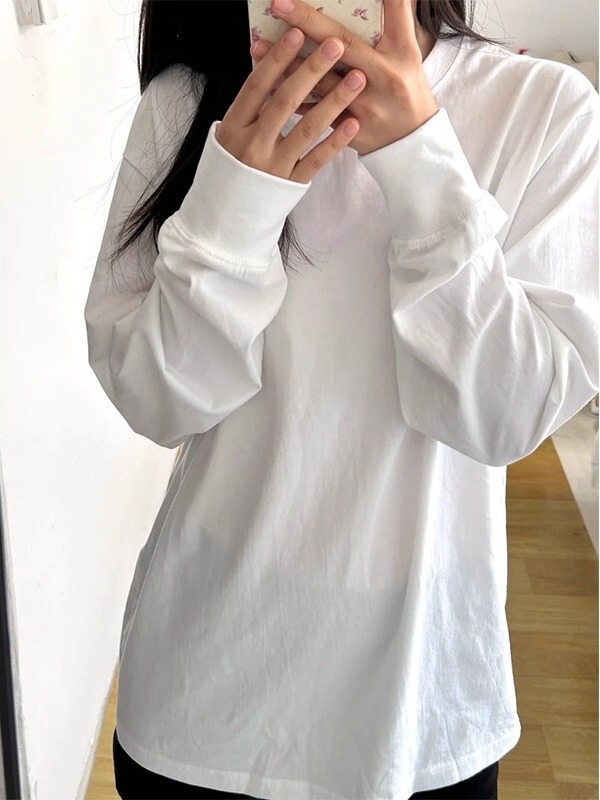白色基础款棉长袖t恤女2025新款秋季宽松初中高中大学生上衣服|undefined