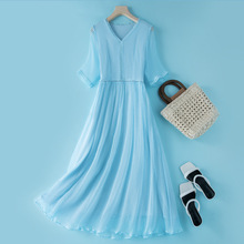 杭州真丝连衣裙女夏年新款七分袖显瘦长款A字仙女裙批发