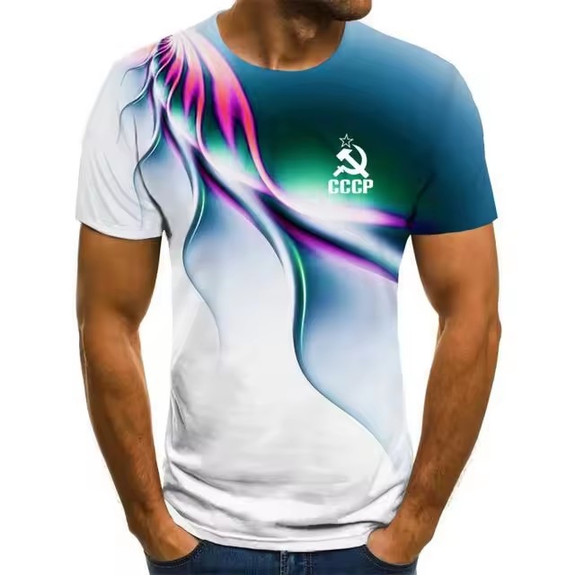 Colorido halo 3D impresión digital spot 2024 moda casual suelto cuello redondo manga corta transpirable camiseta para hombre