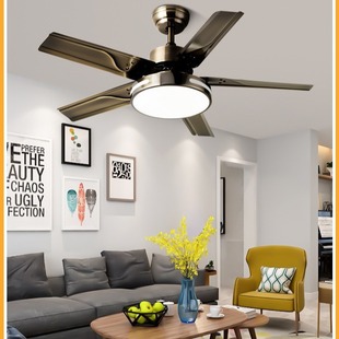 Household iron leaf fan lamp classroom study large wind ceiling fan lamp living room dining room double control frequency conversion 48W dining room lamp