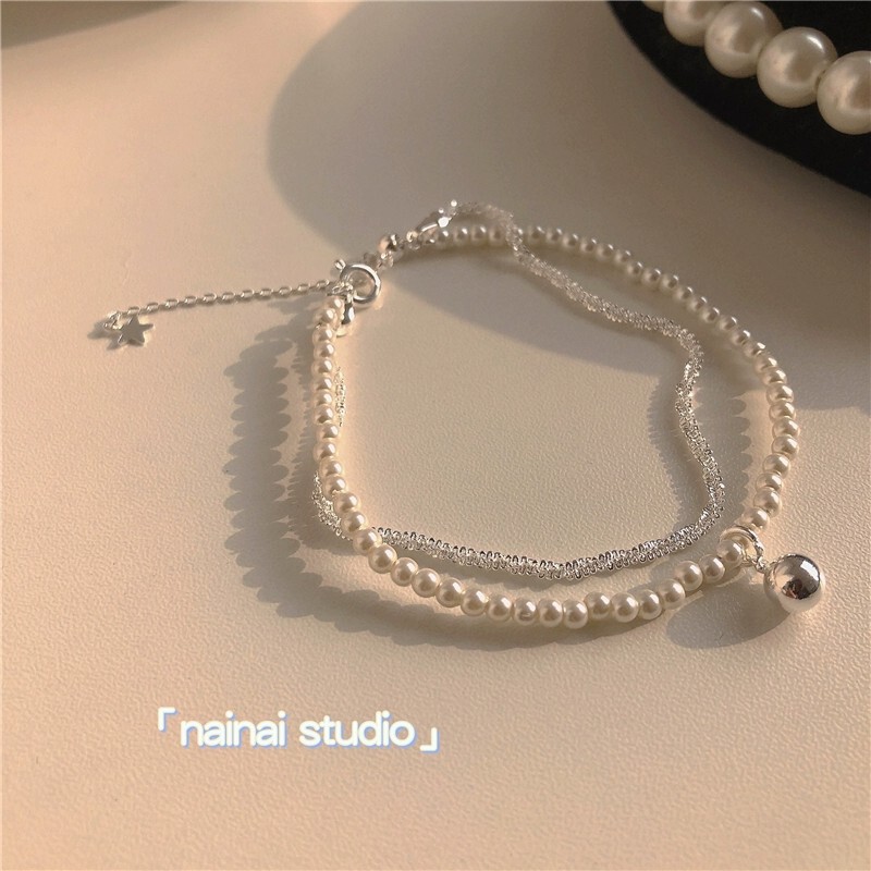 Sparkling Double-layer Pearl Silver Ball Bracelet French Light Luxury Ins Style High-end Fashionable Simple Elegant Bracelet